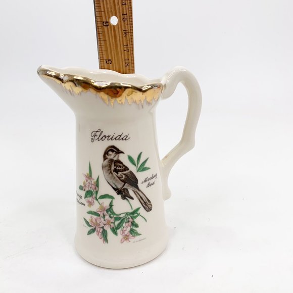 Vintage Florida Souvenir Creamer Mocking Bird Orange Blossom Flowers White Gold - Picture 3 of 12